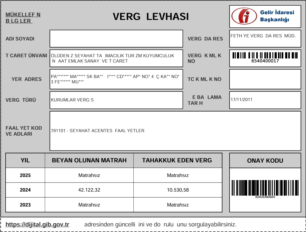 Gelir İdaresi Başkanlığı Vergi Levhası